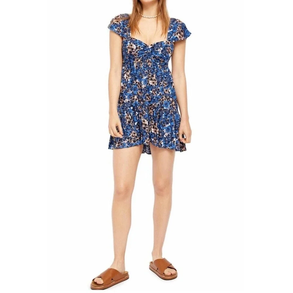 Free People NWT Women's Pattern Play Mini Dress Blue Floral Print Linen Blend- M